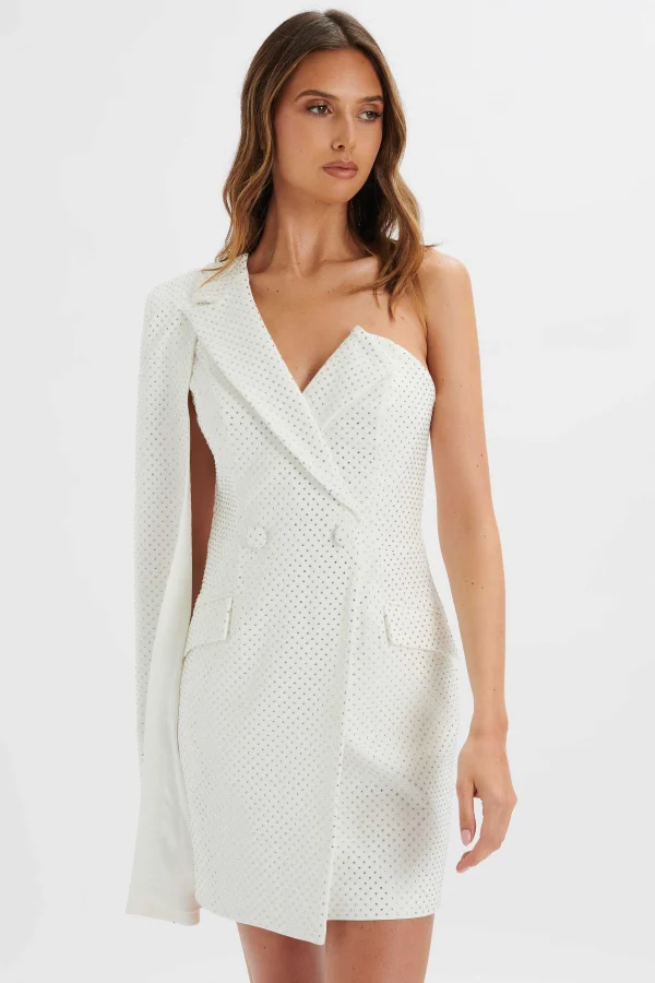 Sale Lavish Alice Marcy Crystal Embellished One Shoulder Cape Blazer Dress In White