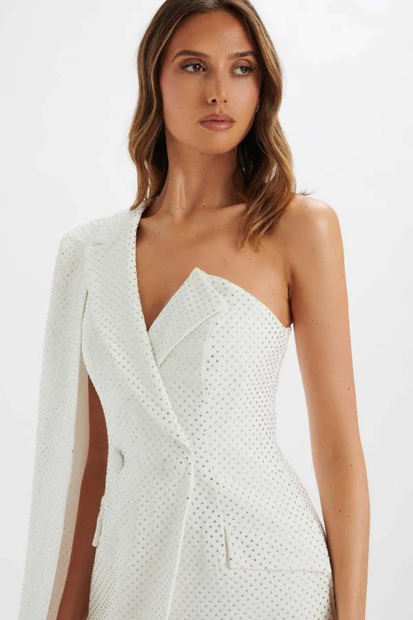 Sale Lavish Alice Marcy Crystal Embellished One Shoulder Cape Blazer Dress In White