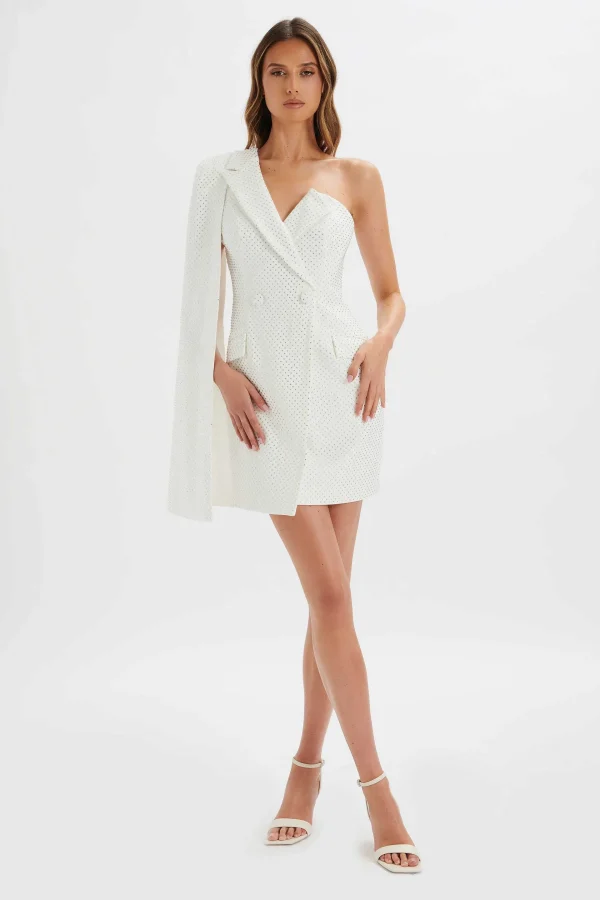 Sale Lavish Alice Marcy Crystal Embellished One Shoulder Cape Blazer Dress In White