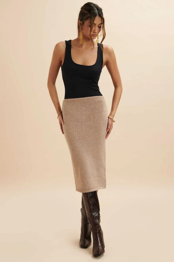 Outlet Lavish Alice Martina Knitted Cashmere Blend Midi Skirt In Beige