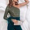 Flash Sale Lavish Alice Maryna One Shoulder Beaded Jumpsuit In Emerald