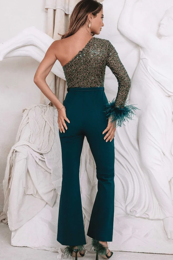 Flash Sale Lavish Alice Maryna One Shoulder Beaded Jumpsuit In Emerald