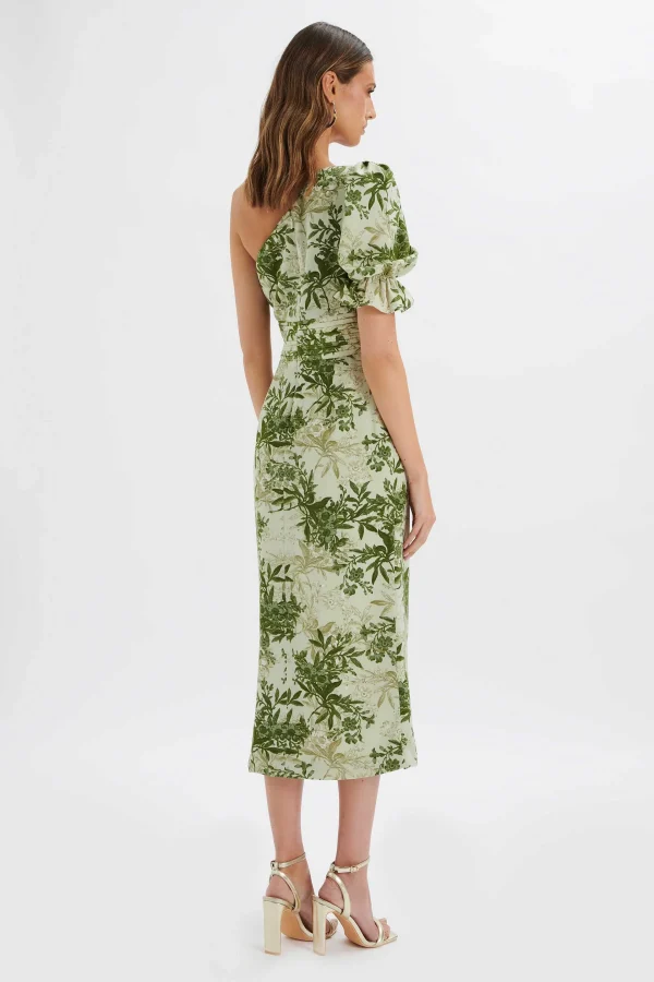 Shop Lavish Alice Nakia Asymmetric Puff Sleeve Midi Dress In Botanical Print