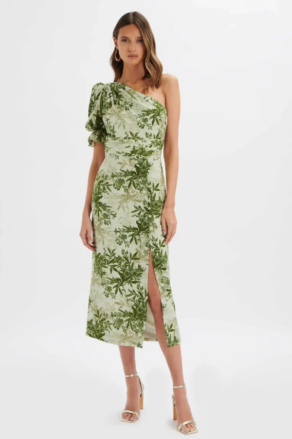 Shop Lavish Alice Nakia Asymmetric Puff Sleeve Midi Dress In Botanical Print