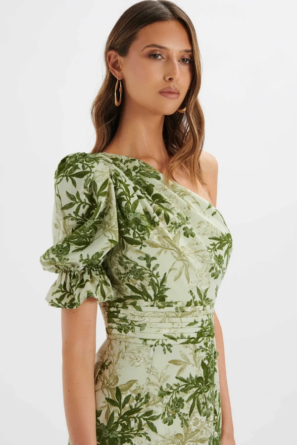 Shop Lavish Alice Nakia Asymmetric Puff Sleeve Midi Dress In Botanical Print