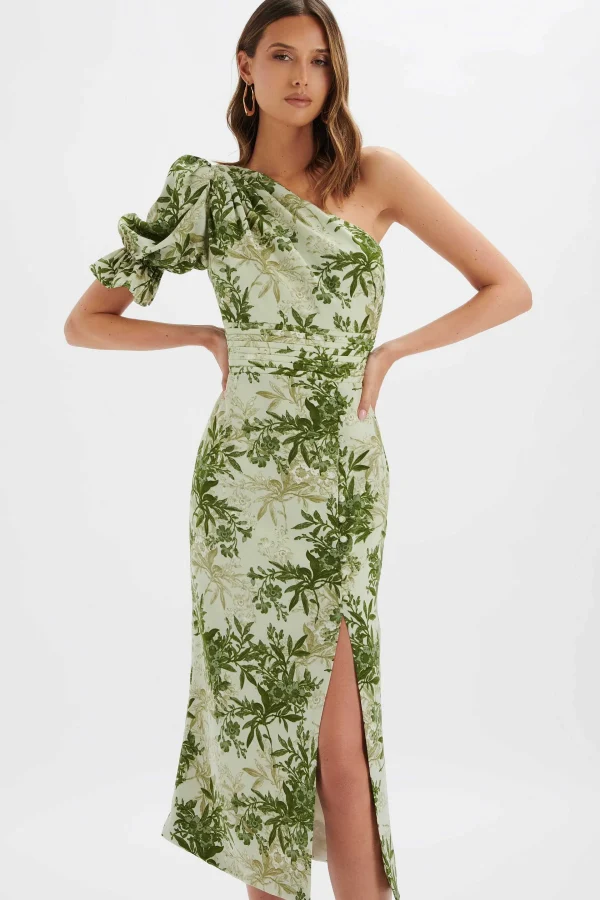 Shop Lavish Alice Nakia Asymmetric Puff Sleeve Midi Dress In Botanical Print