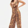 Store Lavish Alice Nora Satin Frill Wrap Culotte Jumpsuit In Golden Yellow Snake Print