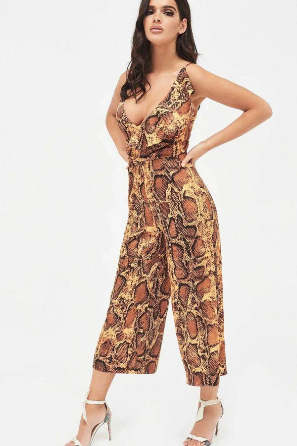 Store Lavish Alice Nora Satin Frill Wrap Culotte Jumpsuit In Golden Yellow Snake Print