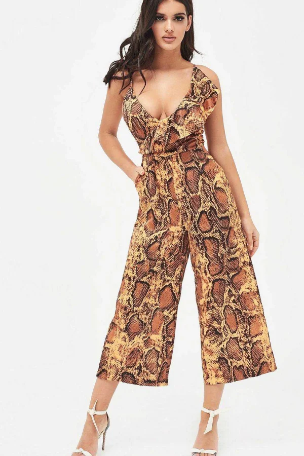 Store Lavish Alice Nora Satin Frill Wrap Culotte Jumpsuit In Golden Yellow Snake Print