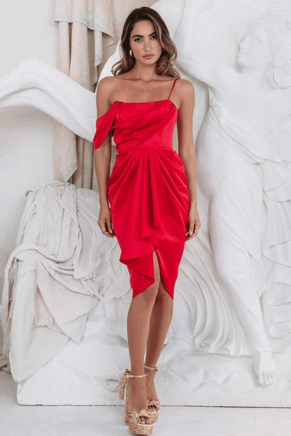 Cheap Lavish Alice Noura Asymmetric Draped Satin Midi Dress In Red