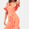 Clearance Lavish Alice Paisley Bardot Frill Halterneck Midi Dress In Neon Coral