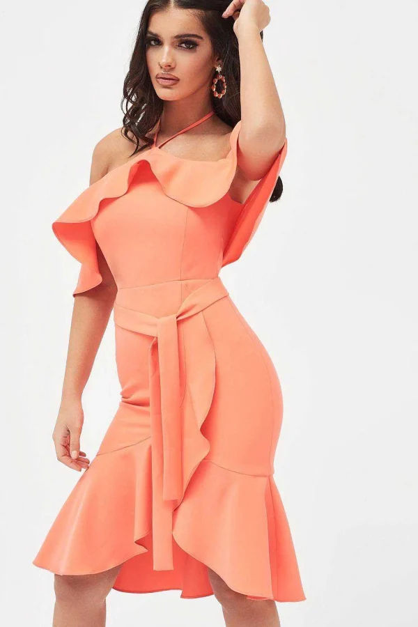 Clearance Lavish Alice Paisley Bardot Frill Halterneck Midi Dress In Neon Coral