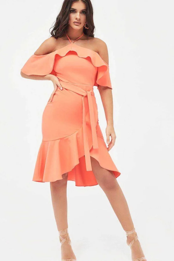 Clearance Lavish Alice Paisley Bardot Frill Halterneck Midi Dress In Neon Coral