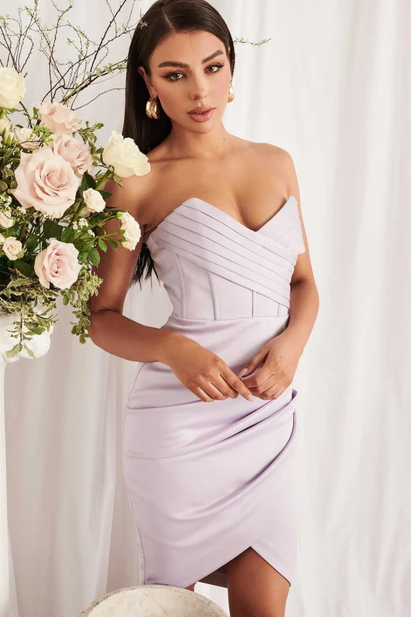 Fashion Lavish Alice Piper Satin Pleated Corset Bandeau Midi Dress In Lilac