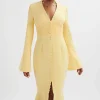 Store Lavish Alice **Pre-Order** Salma Fluted Sleeve Longline Fishtail Midi Dress In Yellow