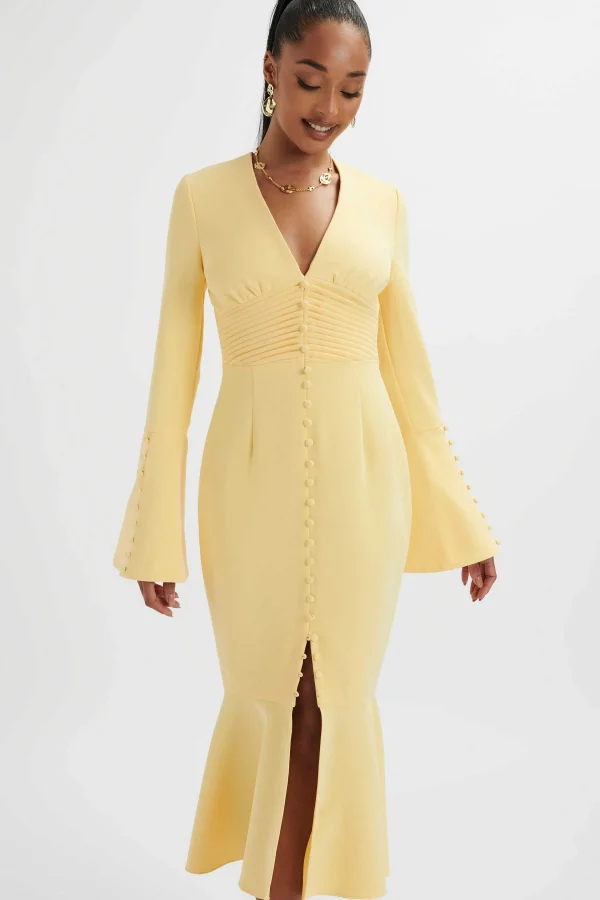 Store Lavish Alice **Pre-Order** Salma Fluted Sleeve Longline Fishtail Midi Dress In Yellow