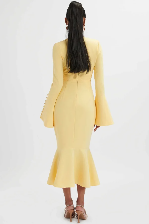 Store Lavish Alice **Pre-Order** Salma Fluted Sleeve Longline Fishtail Midi Dress In Yellow