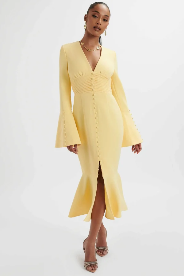 Store Lavish Alice **Pre-Order** Salma Fluted Sleeve Longline Fishtail Midi Dress In Yellow