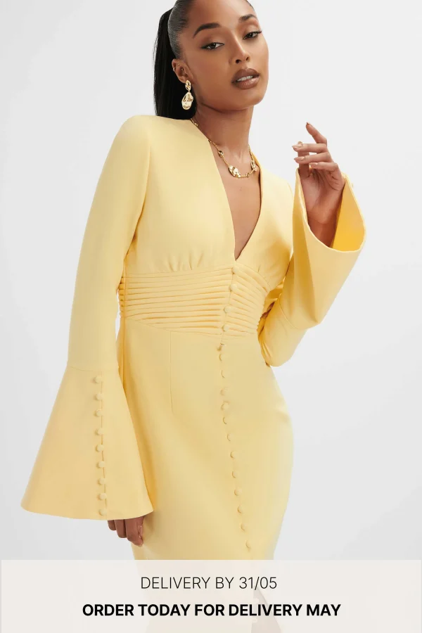 Store Lavish Alice **Pre-Order** Salma Fluted Sleeve Longline Fishtail Midi Dress In Yellow