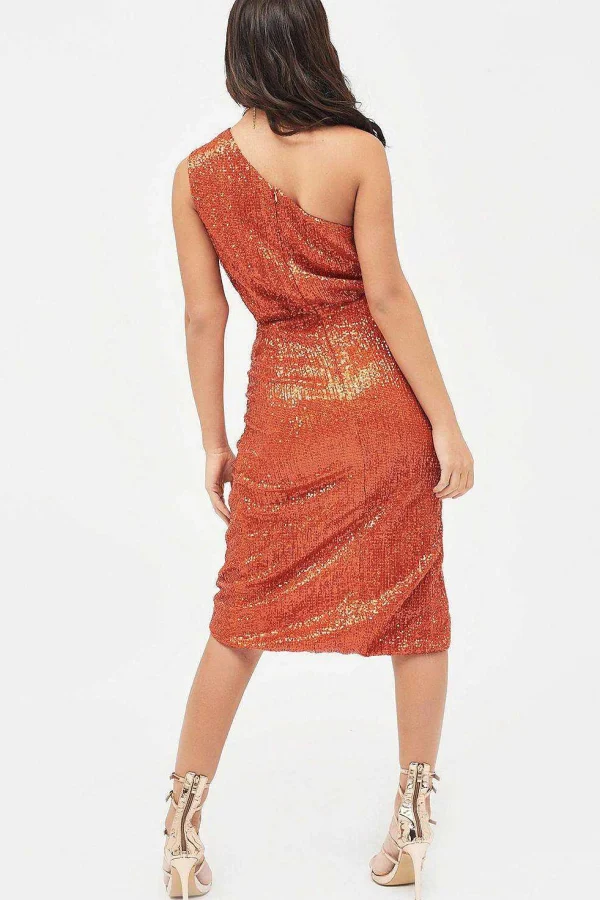 Flash Sale Lavish Alice Quinn Pleated Sequin One Shoulder Cut Out Ruched Side Midi Dress In Orange