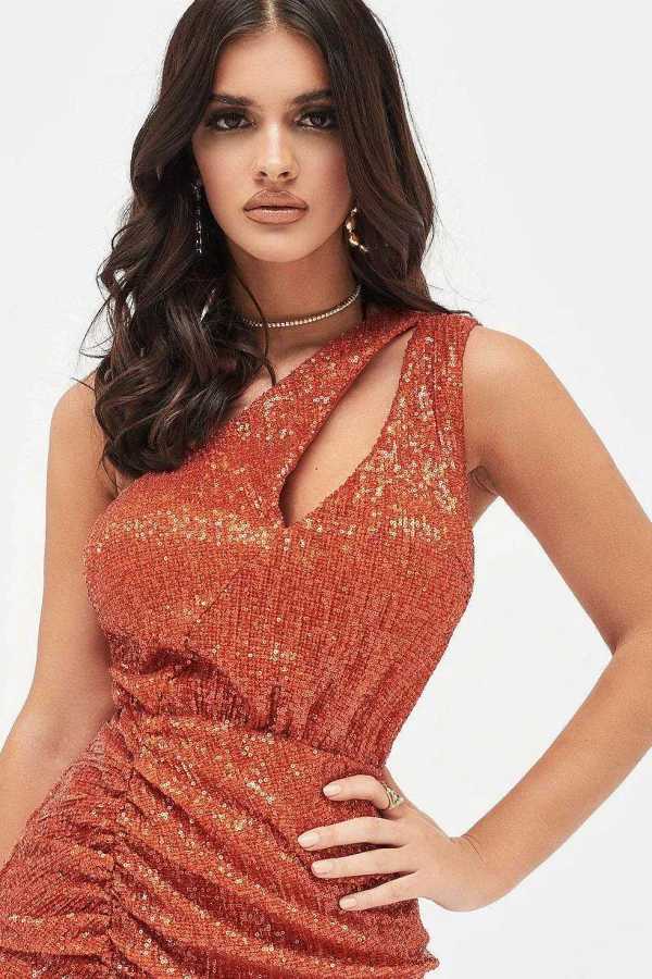 Flash Sale Lavish Alice Quinn Pleated Sequin One Shoulder Cut Out Ruched Side Midi Dress In Orange