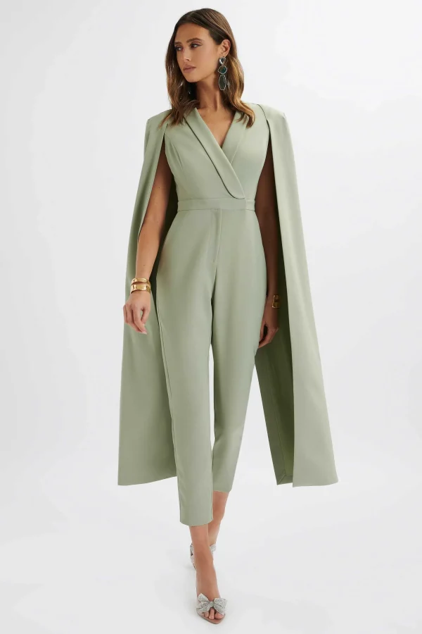 New Lavish Alice Rayna Longline Cape Tailored Jumpsuit In Sage Green