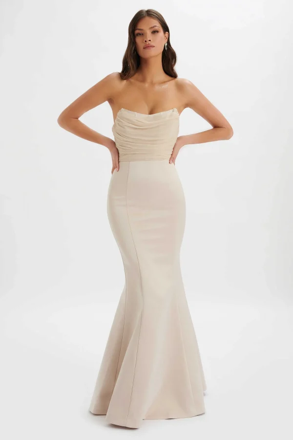 New Lavish Alice Renata Bonded Satin Corset Maxi Dress In Champagne