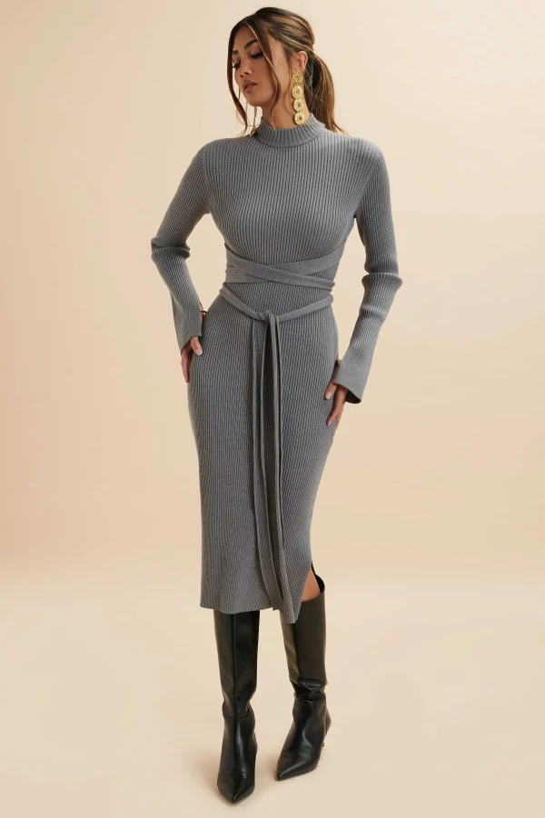 Shop Lavish Alice Romi Knitted Ribbed Open Back Sleeved Midi Dress In Grey