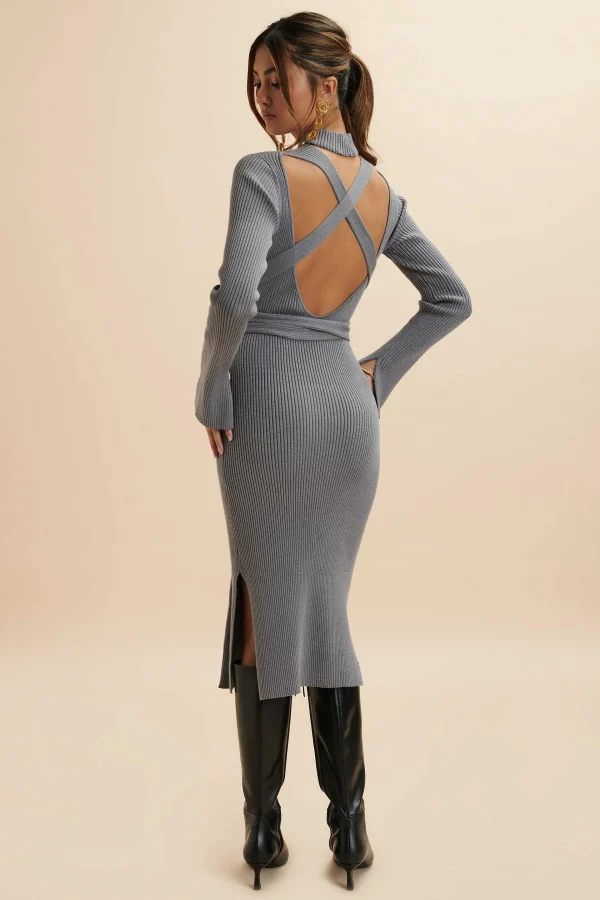 Shop Lavish Alice Romi Knitted Ribbed Open Back Sleeved Midi Dress In Grey