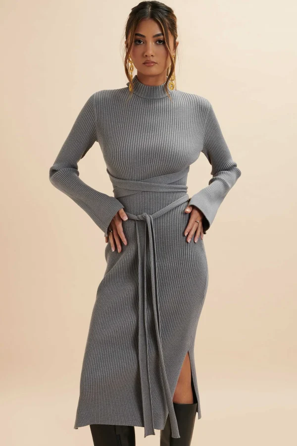 Shop Lavish Alice Romi Knitted Ribbed Open Back Sleeved Midi Dress In Grey