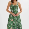 Store Lavish Alice Rosey Gathered Longline Dress In Green Floral Print