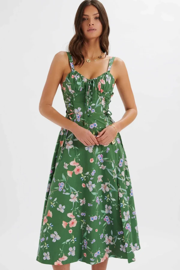 Store Lavish Alice Rosey Gathered Longline Dress In Green Floral Print