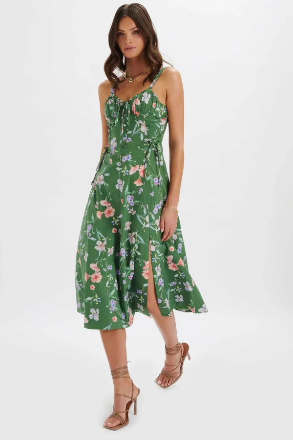 Store Lavish Alice Rosey Gathered Longline Dress In Green Floral Print