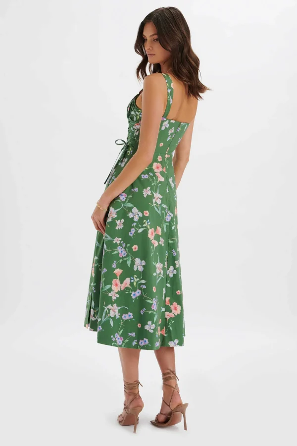 Store Lavish Alice Rosey Gathered Longline Dress In Green Floral Print