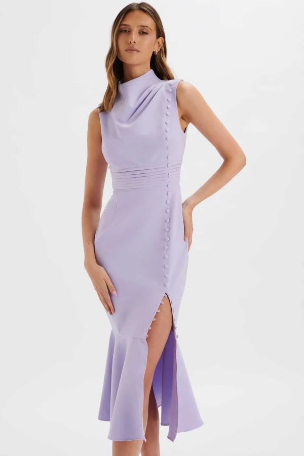 Best Lavish Alice Saffron High Neck Micro Button Midi Dress In Lilac