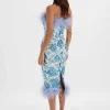 Store Lavish Alice Sami Feather Bandeau Midi Dress In White And Blue Rose Sequin