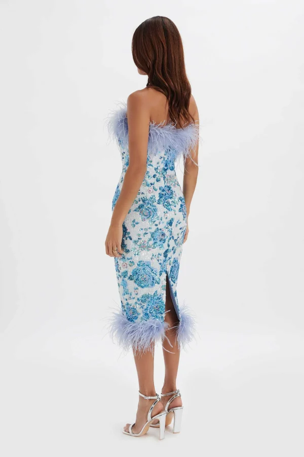 Store Lavish Alice Sami Feather Bandeau Midi Dress In White And Blue Rose Sequin