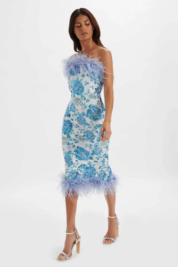 Store Lavish Alice Sami Feather Bandeau Midi Dress In White And Blue Rose Sequin