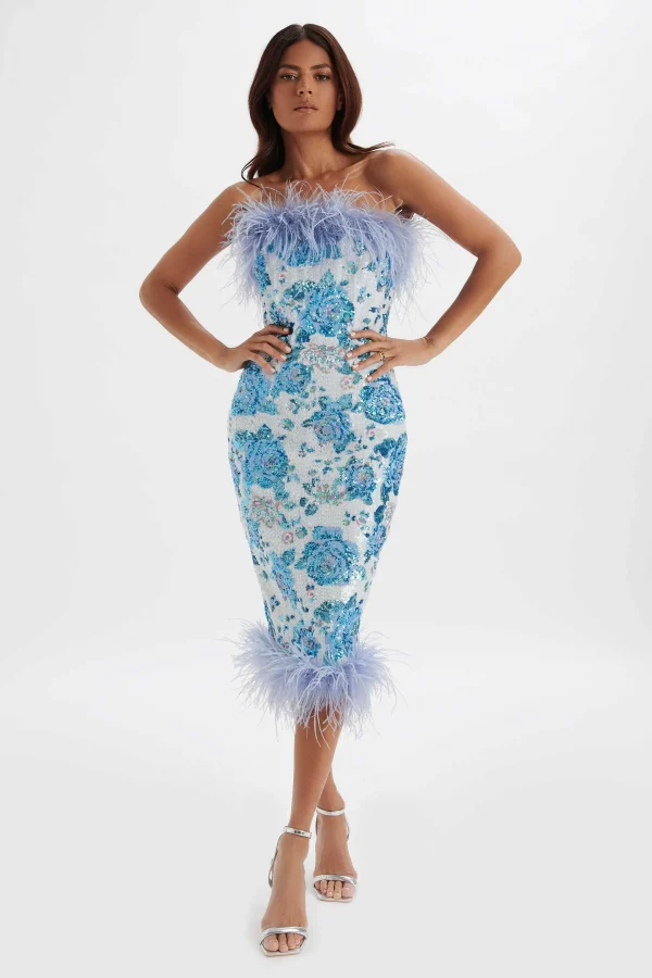 Store Lavish Alice Sami Feather Bandeau Midi Dress In White And Blue Rose Sequin