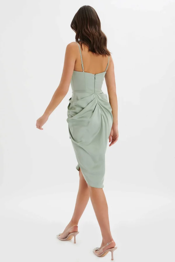 New Lavish Alice Selah Asymmetric Cowl Neck Draped Midi Dress In Sage