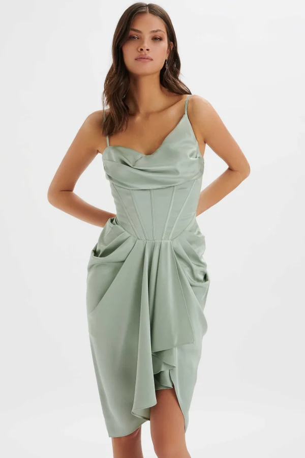 New Lavish Alice Selah Asymmetric Cowl Neck Draped Midi Dress In Sage