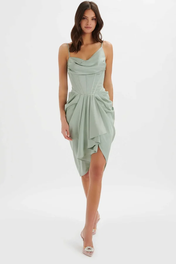 New Lavish Alice Selah Asymmetric Cowl Neck Draped Midi Dress In Sage