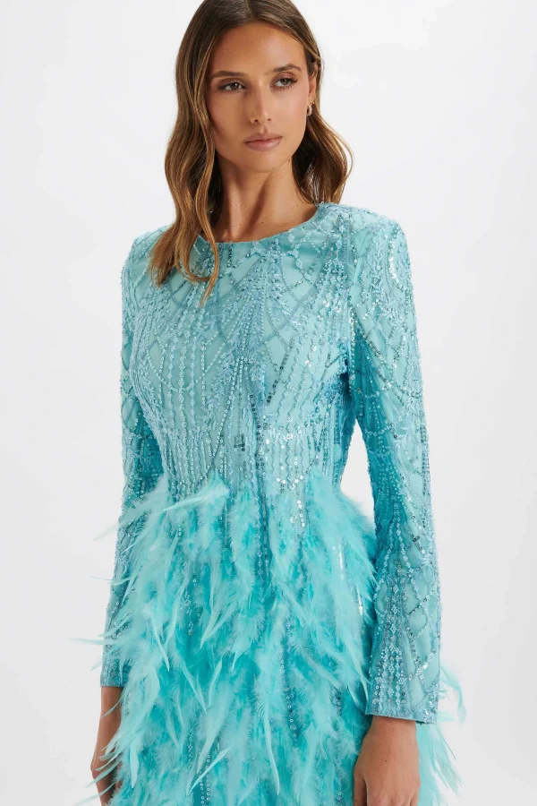 New Lavish Alice Selene Embellished Feather Mini Dress In Blue