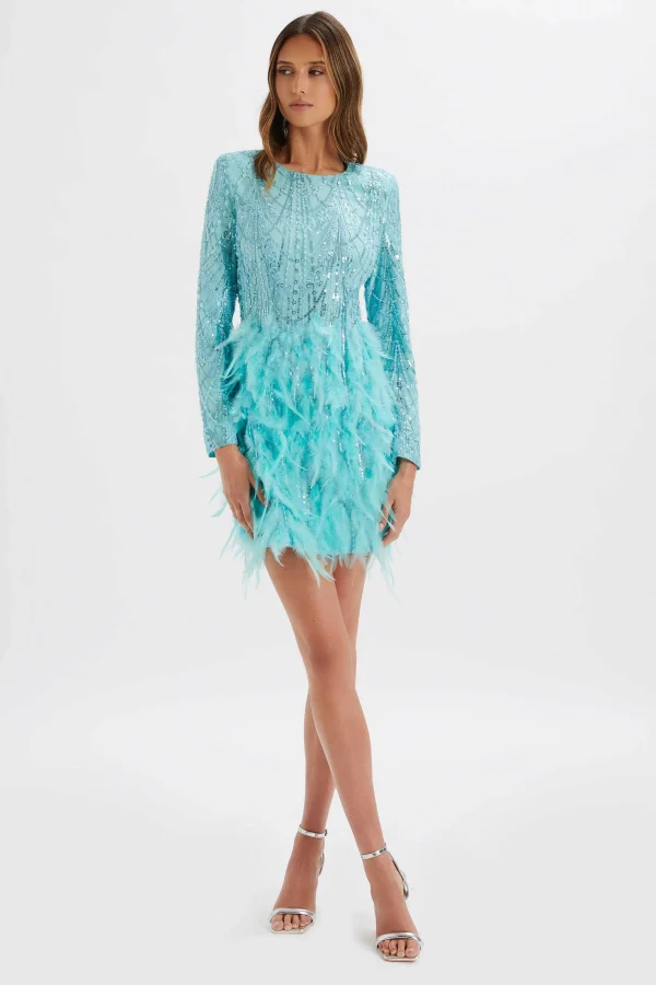 New Lavish Alice Selene Embellished Feather Mini Dress In Blue