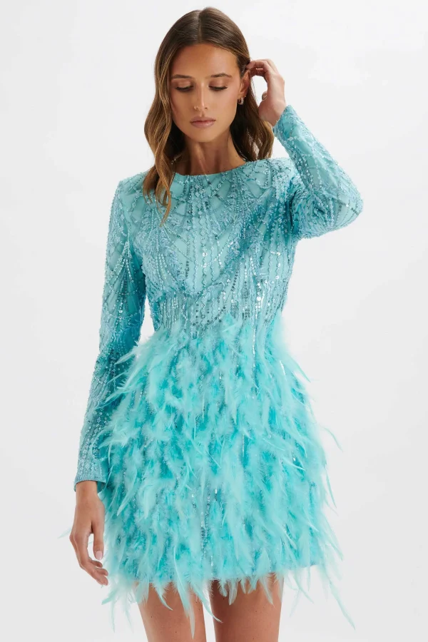 New Lavish Alice Selene Embellished Feather Mini Dress In Blue