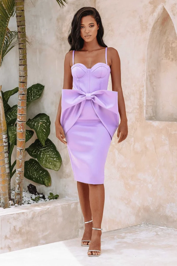 Discount Lavish Alice Shiloh Extreme Bow Corset Detail Midi Dress In Lavender Satin