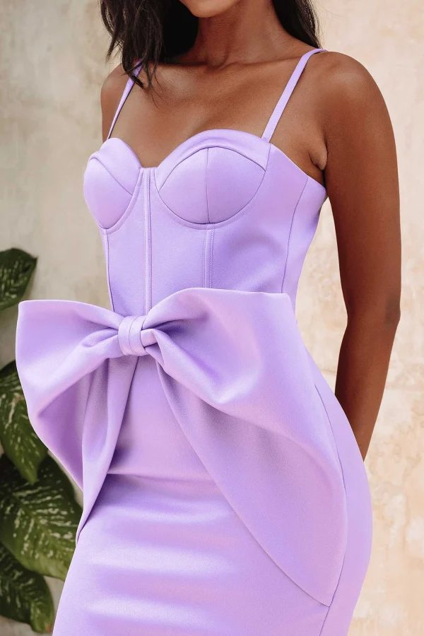 Discount Lavish Alice Shiloh Extreme Bow Corset Detail Midi Dress In Lavender Satin