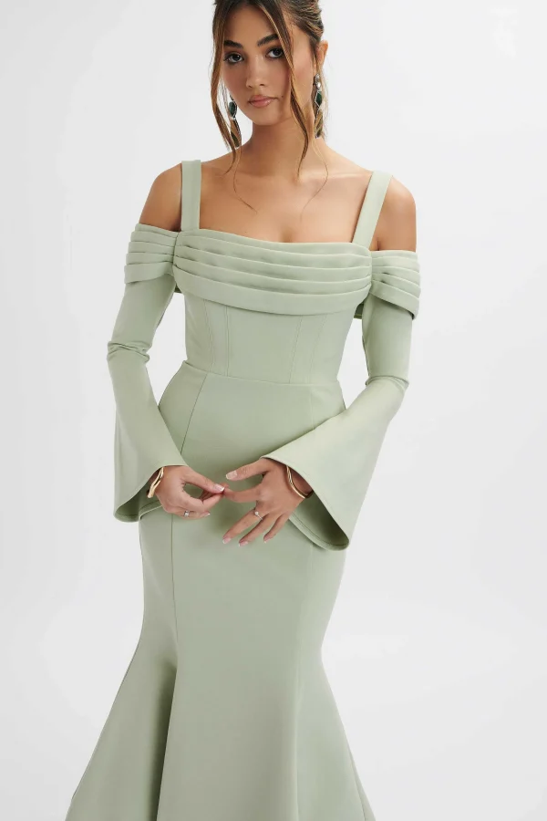 Online Lavish Alice Sia Ponte Pleated Cowl Longline Midi Dress In Sage Green