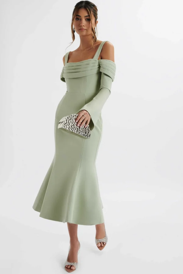 Online Lavish Alice Sia Ponte Pleated Cowl Longline Midi Dress In Sage Green