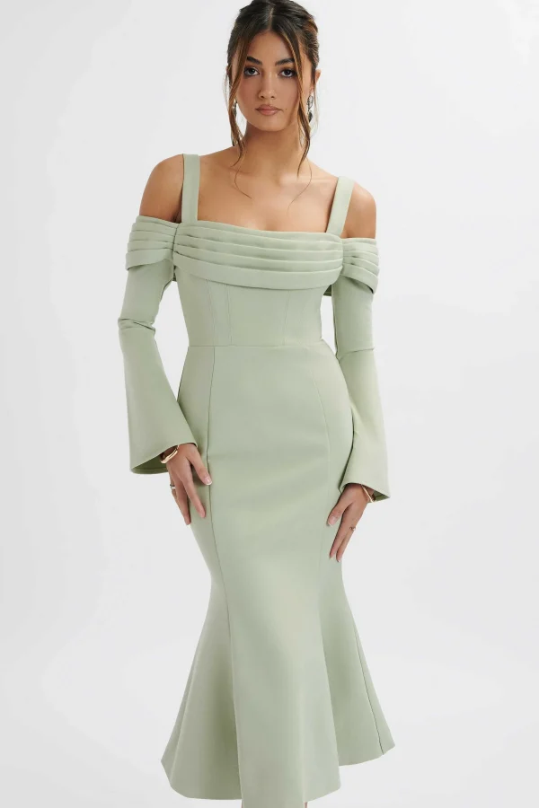 Online Lavish Alice Sia Ponte Pleated Cowl Longline Midi Dress In Sage Green